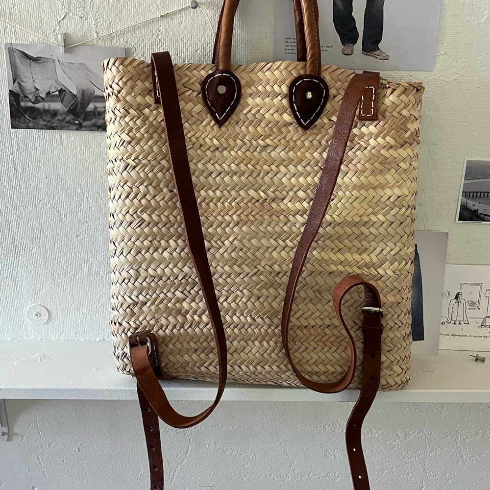 Woven Straw Backpack Tote with Brown Leather Straps - Picture 2 of 11